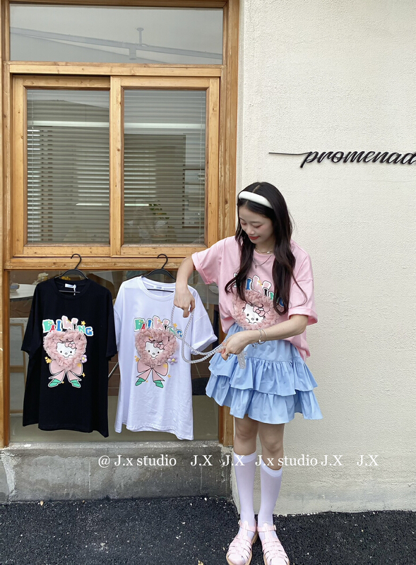 [JX] crew neck loose print short sleeve T-shirt t1070# WTT