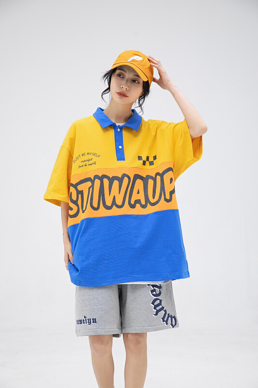 [Tess] Korean loose color block printed short sleeve T-shirt stit087# ZZL