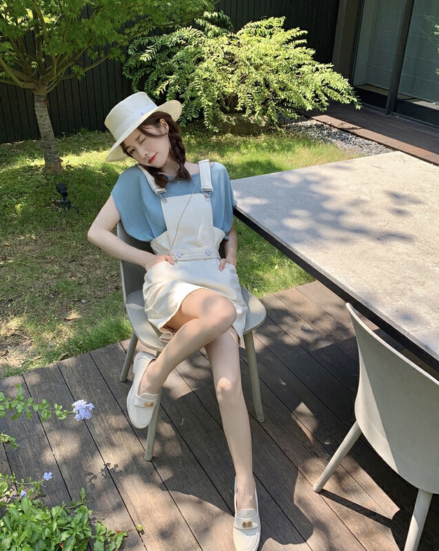 goods in stock! New in early summer! [y.jia Yijia] simple and versatile round neck short sleeve + design full suspender skirt set (with belt) ys2-6689# PCZ