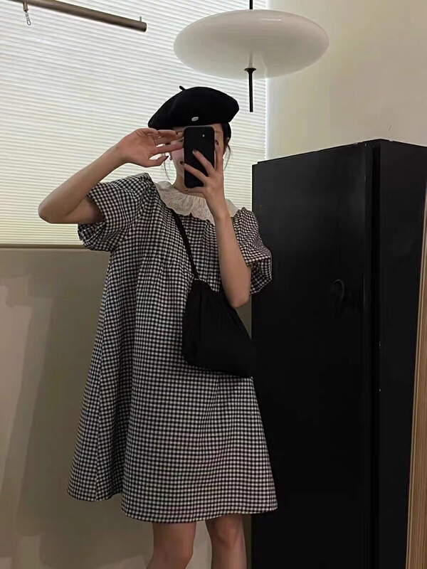 [going] Plaid lace side bubble sleeve dress 9562# lwy
