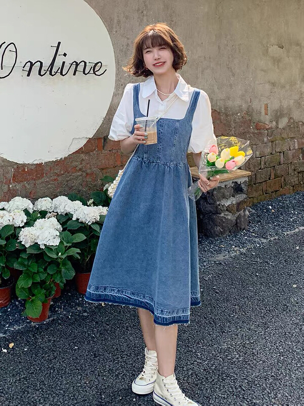 [Kiki studio] Korean fake two piece stitched bubble sleeve denim dress 5881# hjy