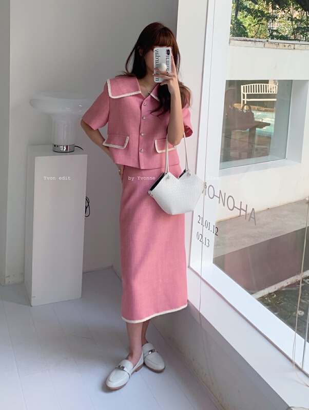Original price 186.12! New year in early spring! [Yiwan y.von] small fragrance splicing design sense short sleeve jacket + versatile skirt suit 9895# XJ
