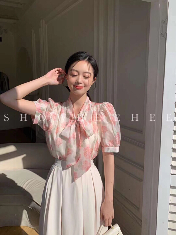 【秀熙熙】法式優雅通勤印花蝴蝶結領襯衫  9066#  ZXX
