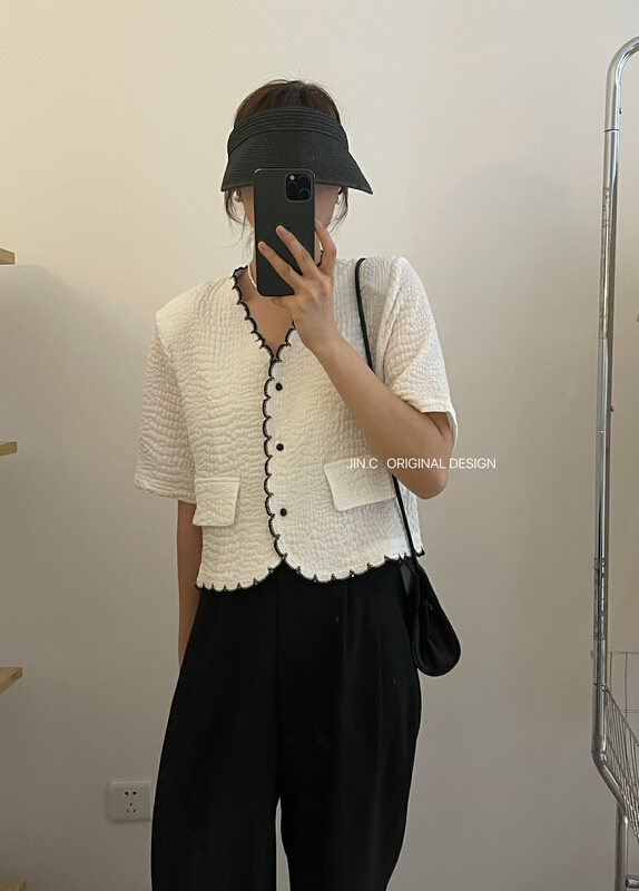 [Jin. C] contrast color small fragrance short sleeved shirt h3072# XYY