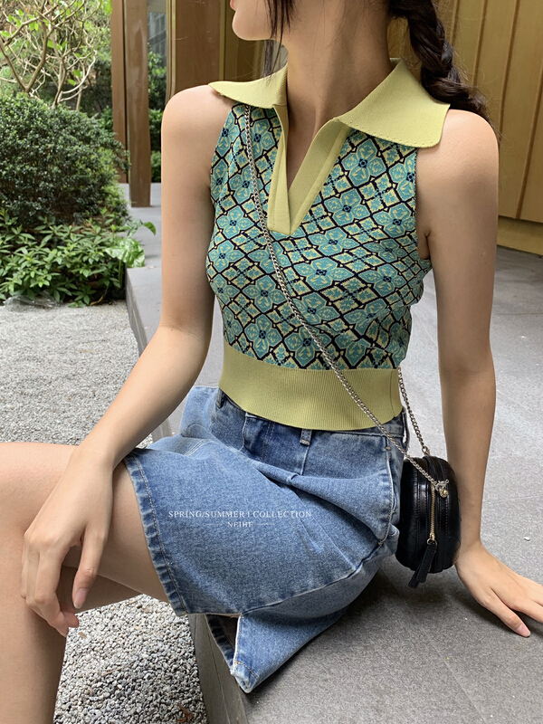 [neihe] retro pattern stitching Polo pilotage knitted vest / sling 11379# zxx