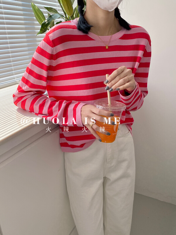 New year in early spring! [hot Huola is me] Korean casual bottoming short stripe long sleeve T-shirt 7543# cqw