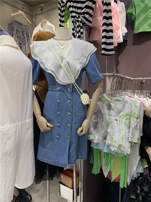 [SME +] Korean color blocking Ruffle double breasted denim dress 6168# CSX