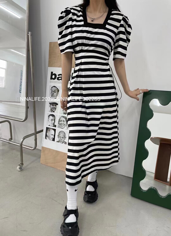 [rainbow] square neckline waistless bubble sleeve dress 08130# WTT