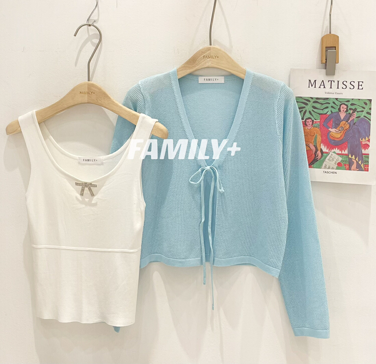 [family +] square neck bow ice silk vest + hollowed out sunscreen cardigan set (with Brooch) 216# ozq