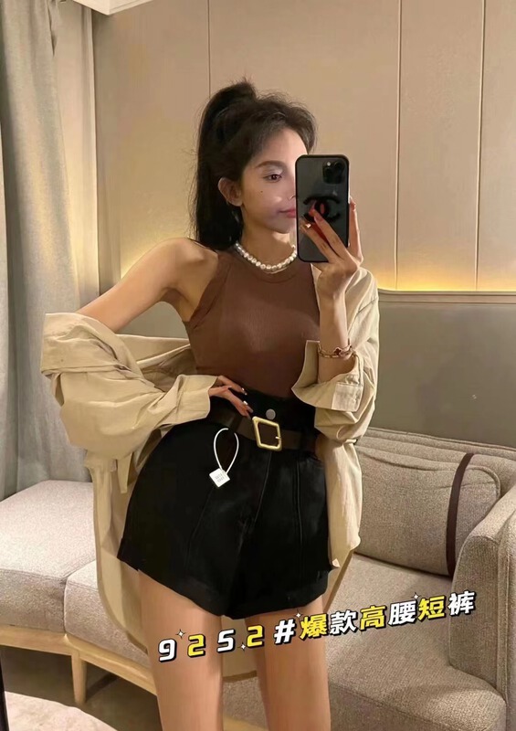 [Camille] high waisted cuffed skinny denim shorts (with belt) 9252# zjy