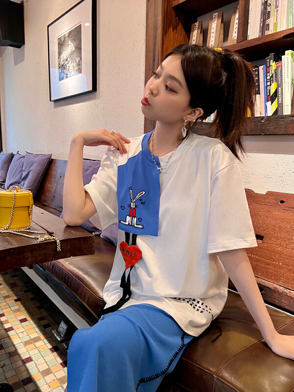 [Nancy] Bunny contrast color stitching T-shirt + drawstring skirt set bs65566557# WPL