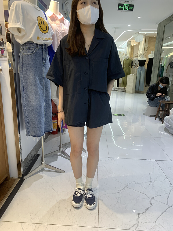 【 cool woman 】 Korean double pocket shirt + casual loose Shorts Set 034# ZZL