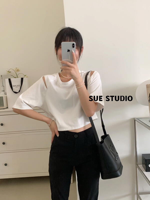New in early summer! [Sue studio] personalized cut off shoulder short sleeve T-shirt 99935# ZSY