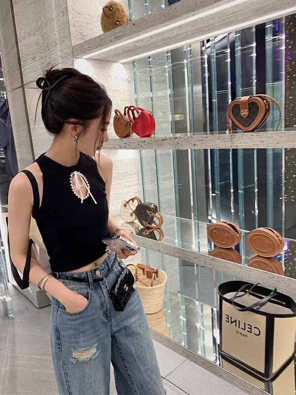 [blue show] design sense niche contrast color hollowed out round neck vest / sling 6018# LSW