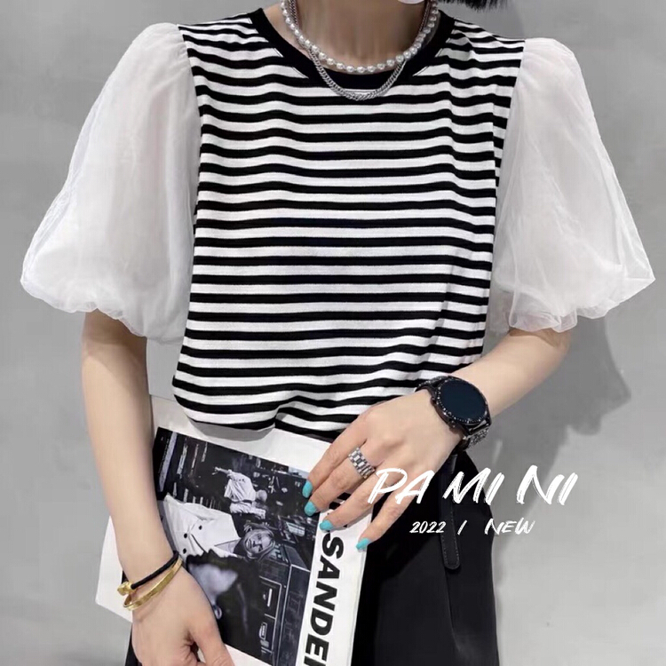 [pamini] aging foreign style design sense mesh Bubble Sleeve Striped Sweater 816# Cl
