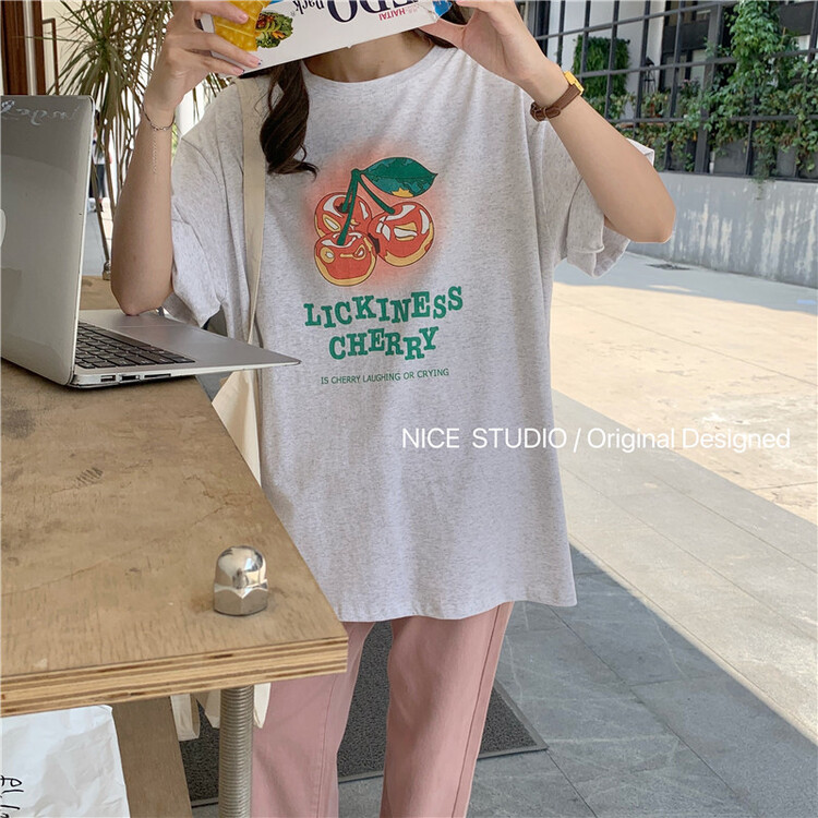 [naisijia] Korean cherry print versatile short sleeve T-shirt 0723# zjy