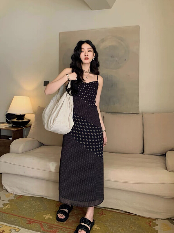 [by] premium black polka dot splicing suspender dress 7724# Cl