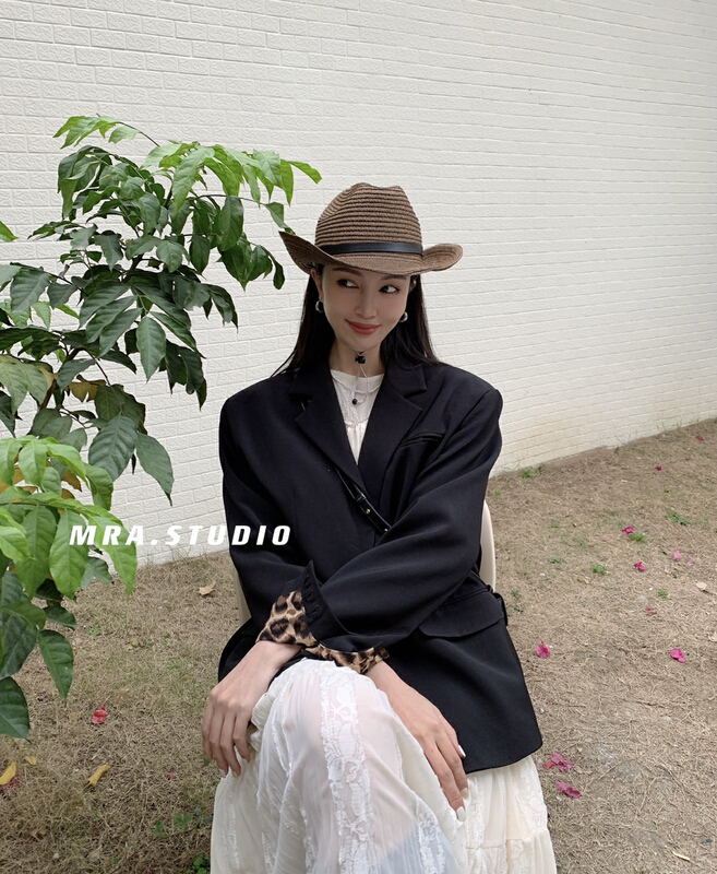 New year in early spring! [MRA] Korean cuff stitching leopard print thin suit j2173# zxl