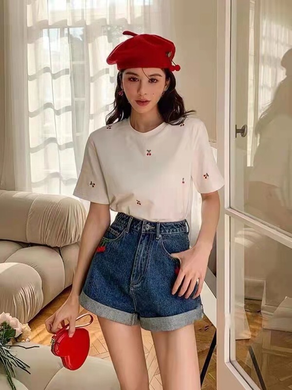 [Yilin] Korean cherry embroidery loose short sleeve T-shirt 2220# WTT
