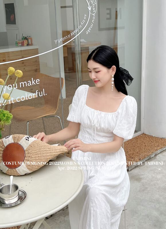 [tabmini] square neck bubble sleeve fashion solid dress x19350-f# WPL