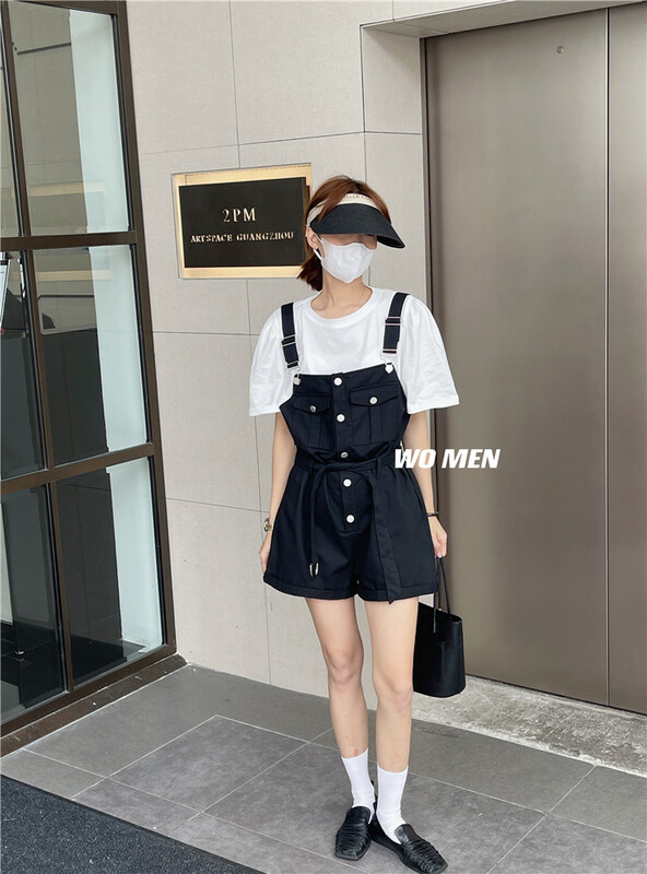 [Wo / men] simple and versatile short sleeved T-shirt + loose fashion suspender suit 3332# zxl