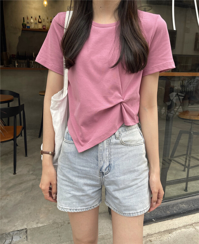 New in early summer! [six plus] Korean style texture solid color short style versatile short sleeve T-shirt 82103# CLS