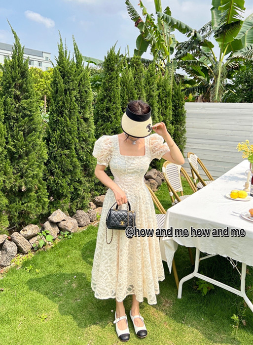 [how and me Cheng Xi] square neck bubble sleeve lace dress (excluding necklace) 7095# LSL