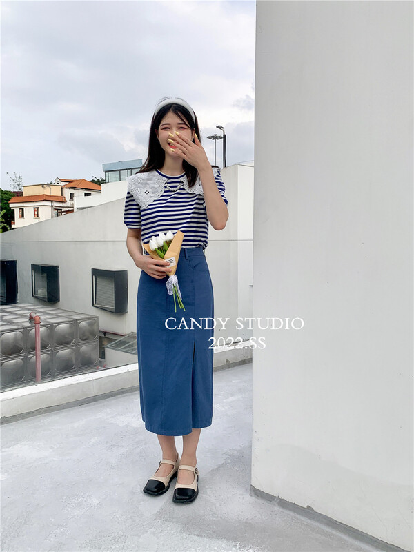[candy] large lapel stitched stripe contrast short sleeve T-shirt 9102# zjy