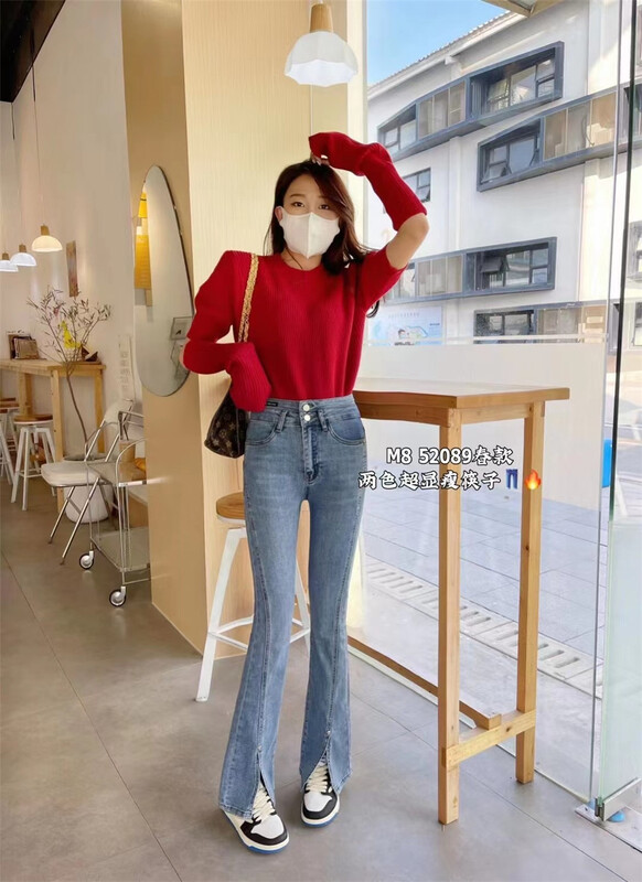 New year in early spring! [M8 denim] Korean version micro horn slit skinny jeans 52089# LSL