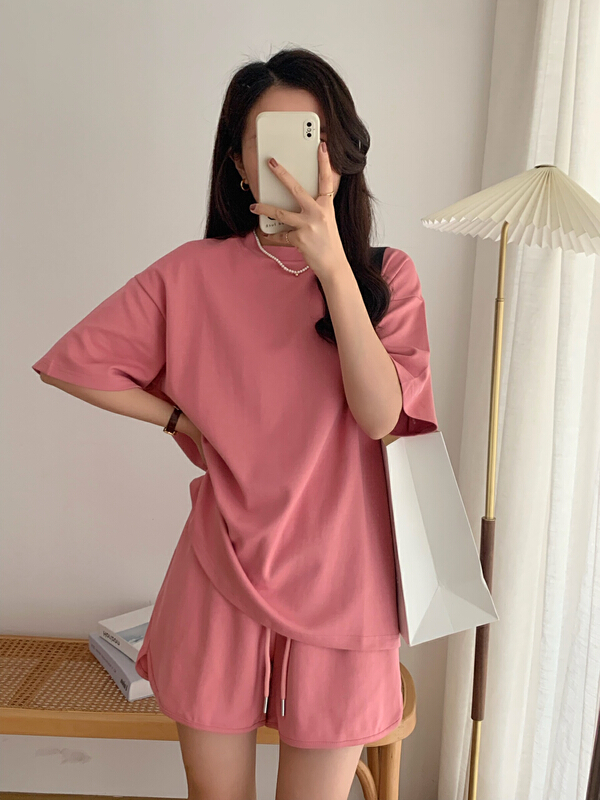 New in early summer! [victory. 2] fashionable and versatile short sleeved T-shirt + loose and thin lace up casual Shorts Set b190# WPL