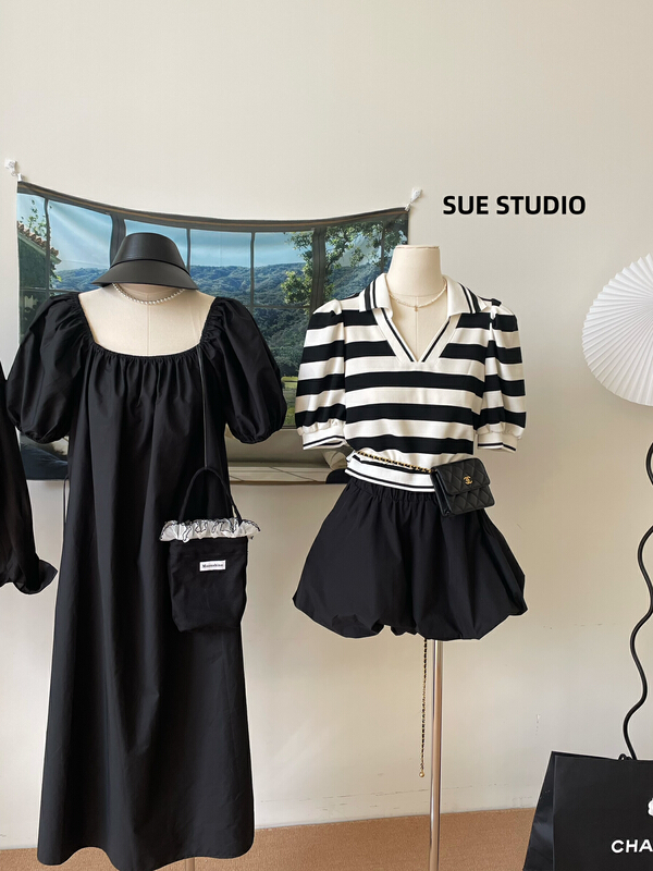 [Sue studio] Korean casual loose stripe bubble sleeve short shirt 99998# zjy