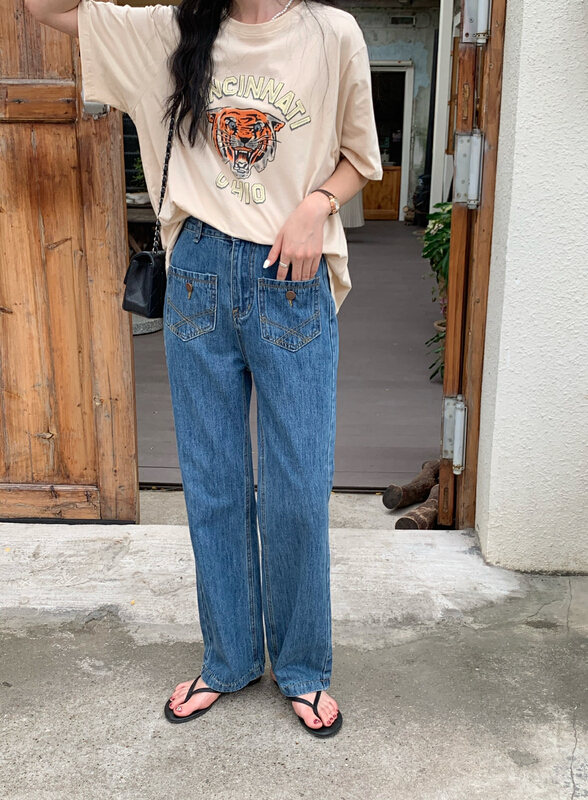 [meet me] front pocket niche design, comfortable and versatile wide leg jeans 81077# ll