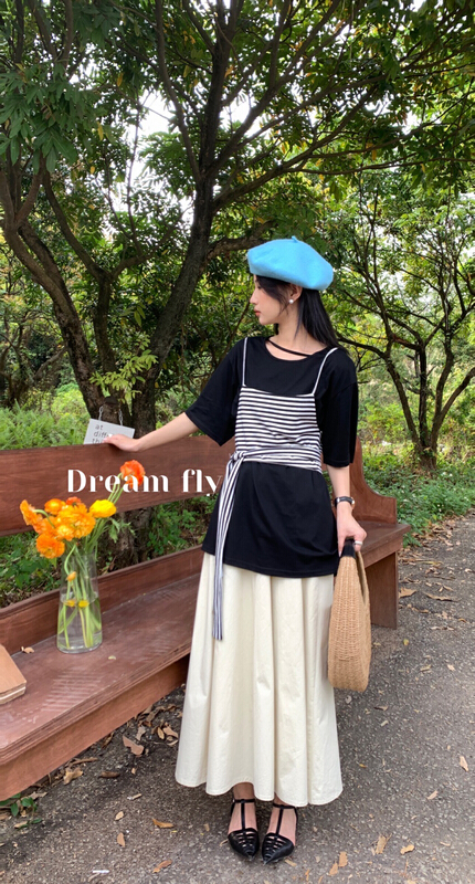 [dream fly] solid color medium long short sleeved T-shirt + striped suspender T-shirt two-piece suit 61155# XJ