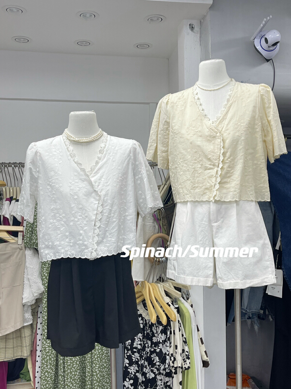[spinach family] Korean lace lace bubble sleeve short shirt 1812# HBx