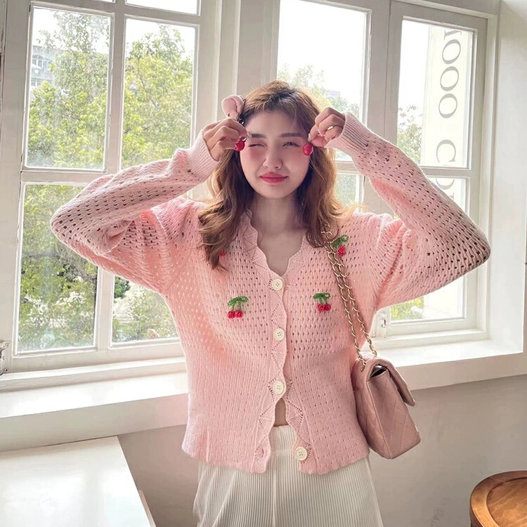 New year in early spring! [pan] soft and sweet three-dimensional cherry hollow knitted cardigan 00251# PCZ