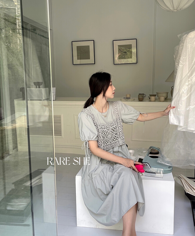 New in early summer! [rare she] Korean bubble sleeve loose long dress + Lace versatile vest suit 5207# LSW