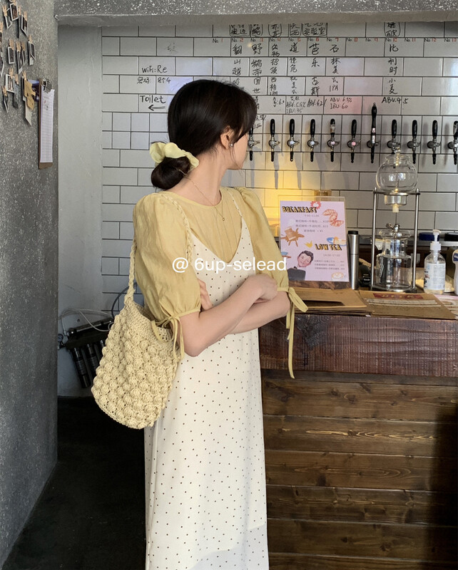 [6-up] lady simple and versatile bubble sleeve short sleeve shirt 68260# XJ