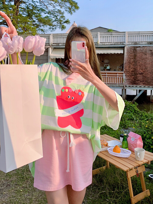 New in early summer! [love] stripe cartoon print short sleeve T-shirt 880# WTT