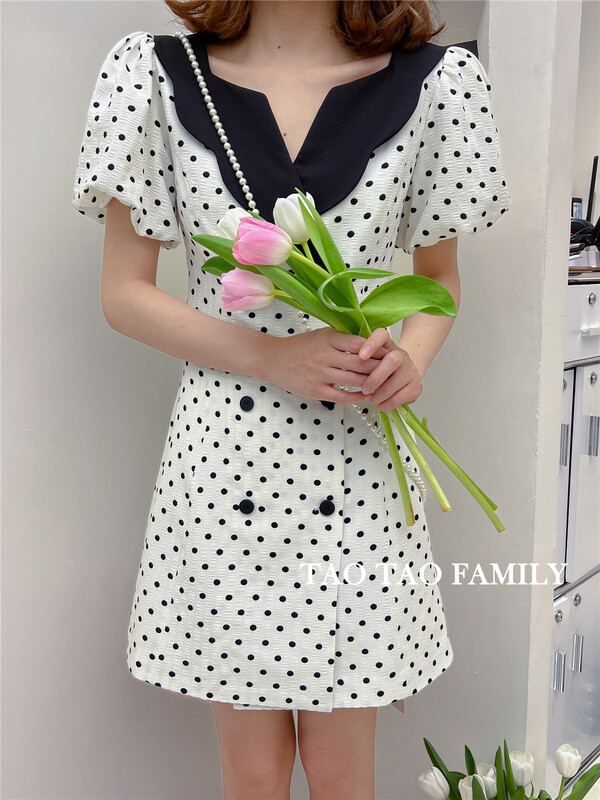 goods in stock! [Taotao family] temperament contrast color Lapel wave point double breasted dress 3597# lwy