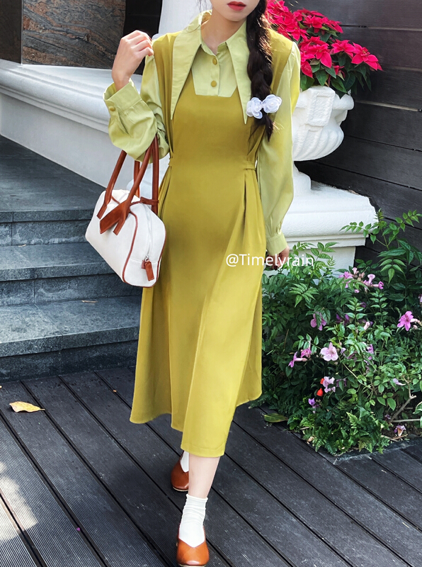 New year in early spring! [timely rain] Korean version with sweet temperament fake two vintage pointed collar loose dresses (only dresses) 37589# jhy