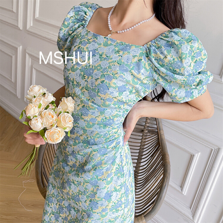 New in early summer! [ms.hui] Retro Style Bubble Sleeve floral split dress 965# WPL