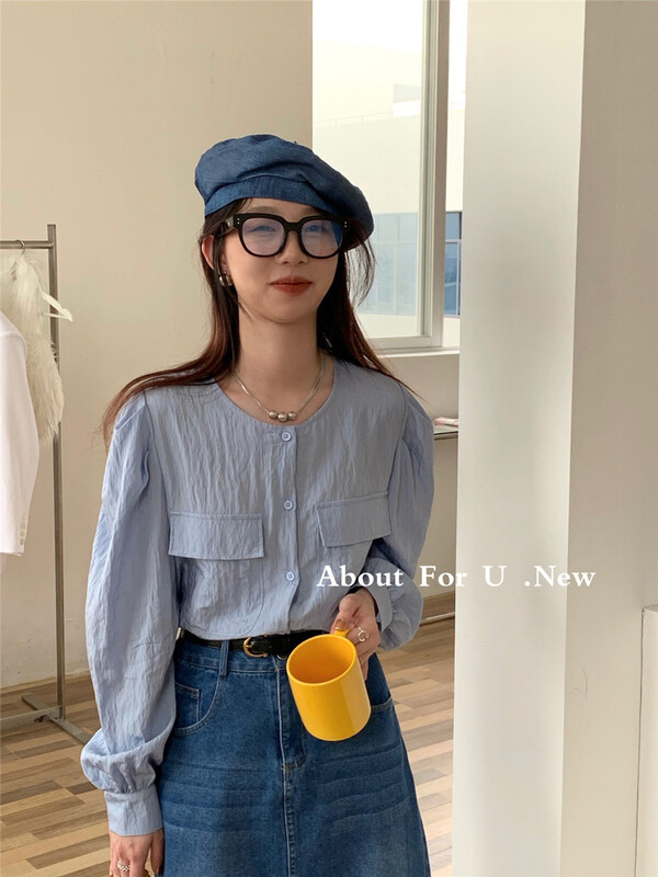 goods in stock! [about for u] Korean style bubble sleeve double Pocket Shirt 66026# lwy