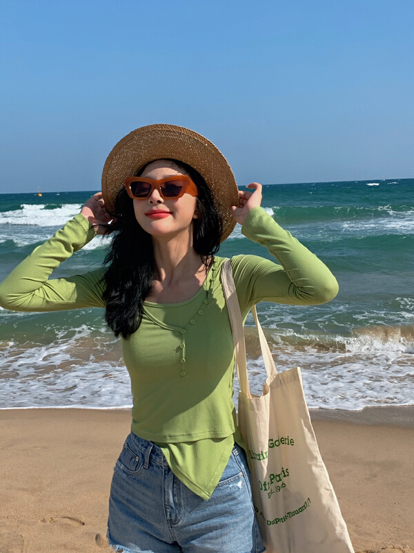 New year in early spring! [u say] Korean irregular short style chic slim sexy long sleeve T-shirt 65182# LSL