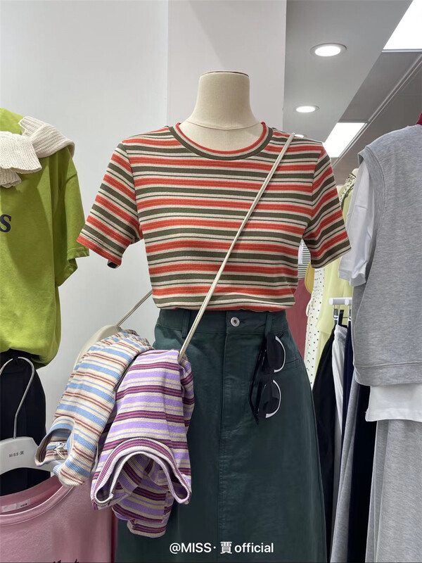 New in early summer! [Miss Jia] simple round neck stripe T-shirt 6635# XYY