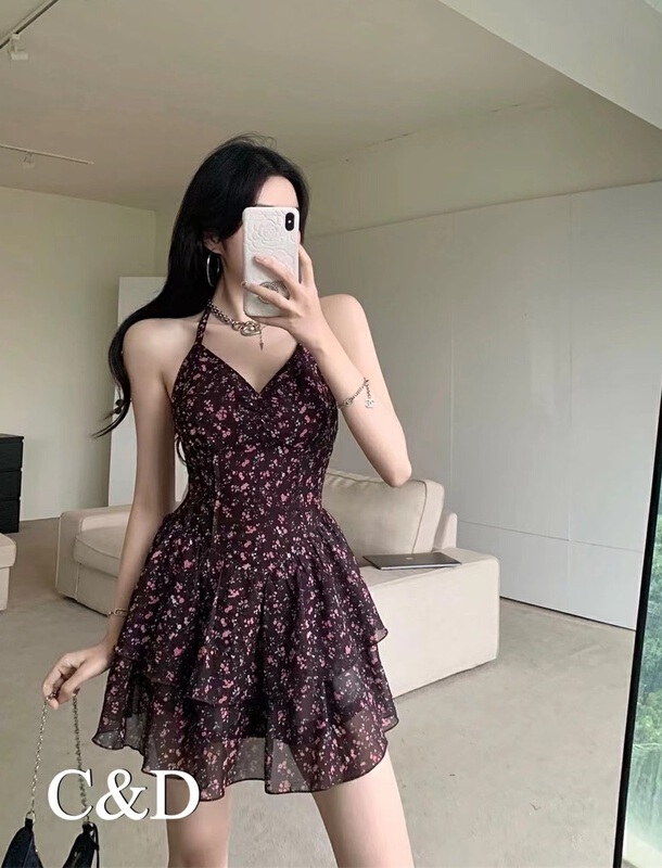 New in early summer! [C & D] spice girl's neck hanging floral short dress 2255# JJ