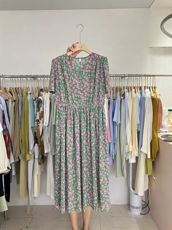 New in early summer! [Las celula] fresh color contrast floret short sleeve dress 7351# zxx