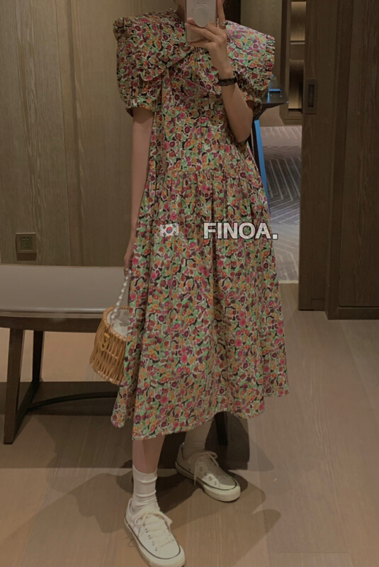 [finoa] Korean casual large doll collar stitched broken flower bubble sleeve dress with fungus edge 1058# CLS