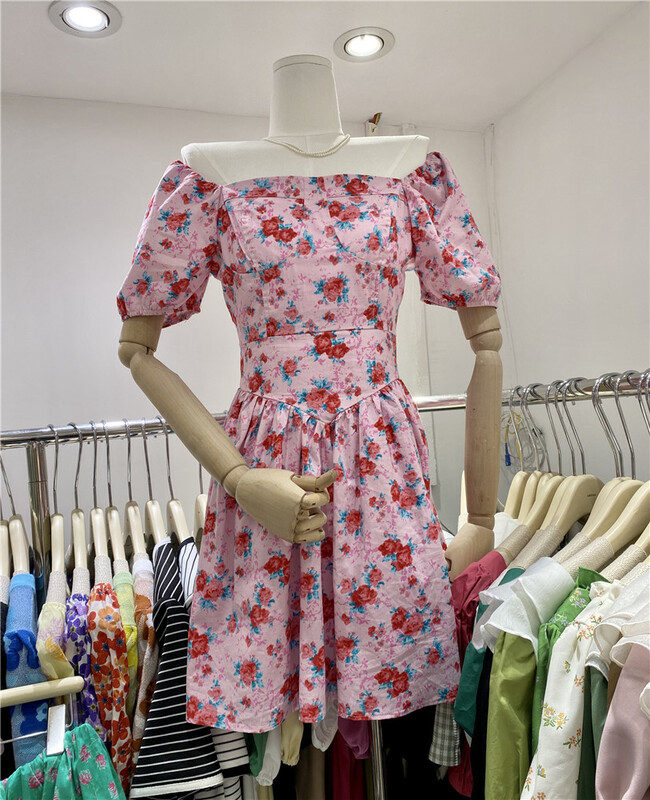 [amega] square neck floral bubble sleeve dress 6961# HBx