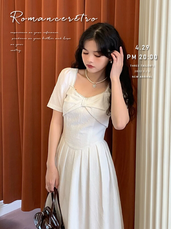 [Yingying new clothes] Vintage jacquard pearl stitched square neck slim fitting dress 7515# Cl