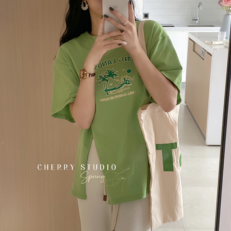 New year in early spring! [cherry studio] Korean casual hem split medium long short sleeve T-shirt 5029# HBx